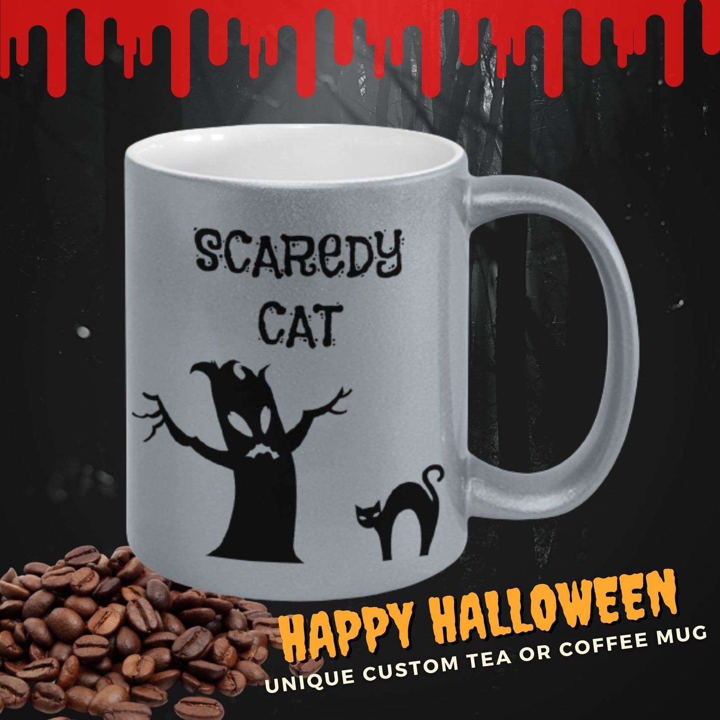 Funny Halloween  Coffee Mug  Scaredy cat  Black cat  Gothic Custom Home Decor  Metallic