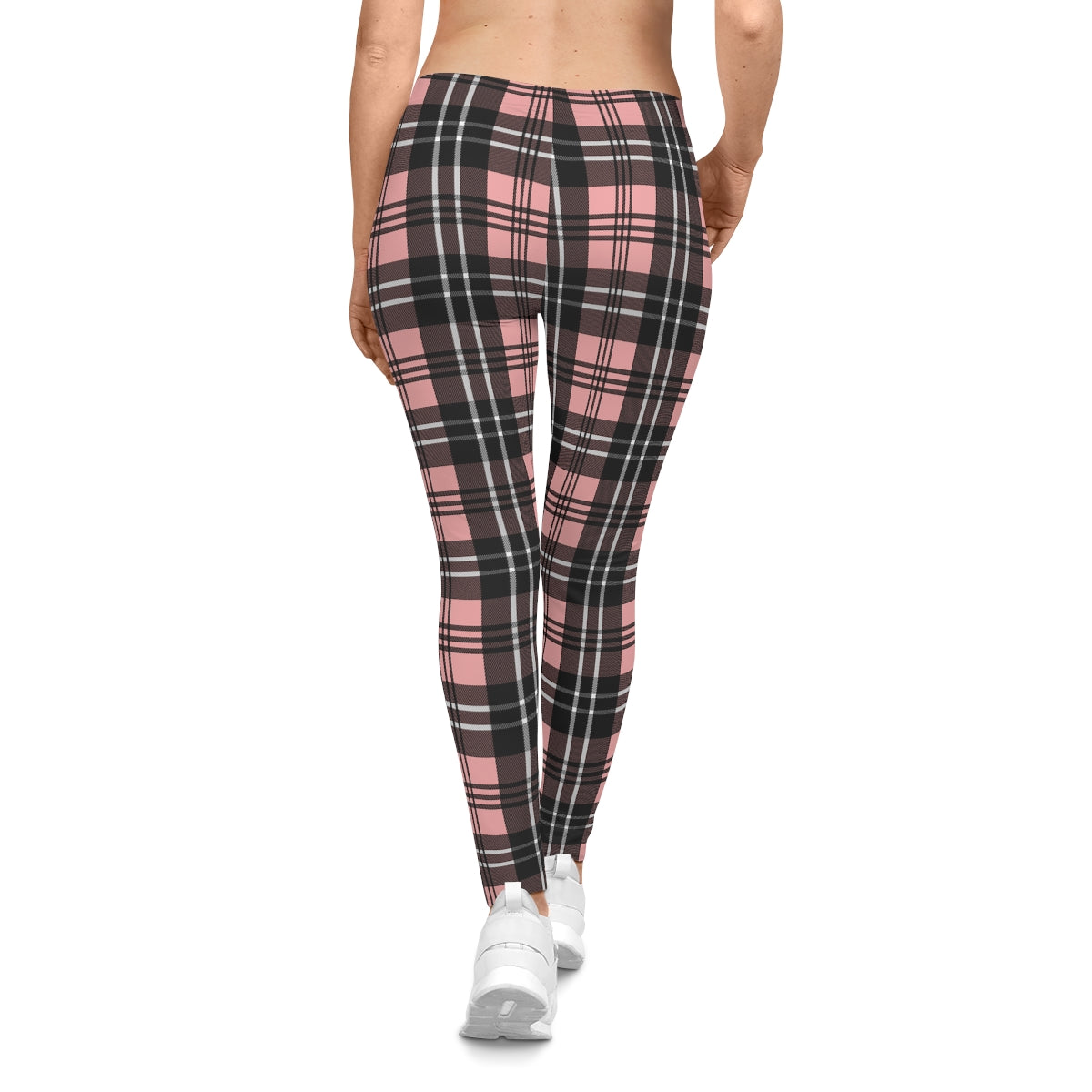 Pink Plaid Leggings, Women's All Over Print Cute Trendy Workout Yoga Pants,