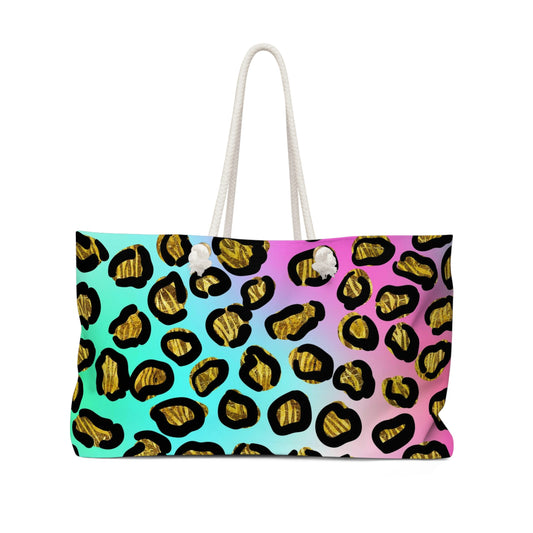 Weekender Bag Women, Leopard Rainbow Print, Animal Print, Overnight Carryon Travel Bag