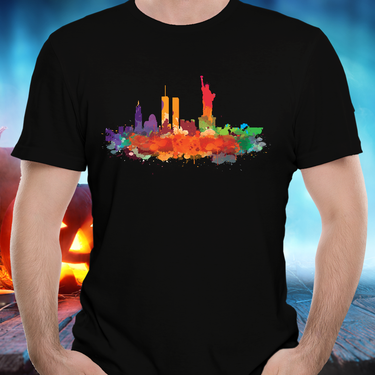 New York skyline watercolor black t-shirt cotton unisex