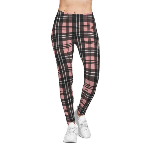 Pink Plaid Leggings, Women's All Over Print Cute Trendy Workout Yoga Pants,
