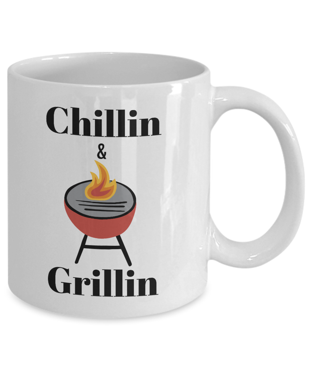 Funny coffee mug/Chillin and grillin/tea cup/gift/novelty/summer/bar-b-q/cooks/women/men/cooks