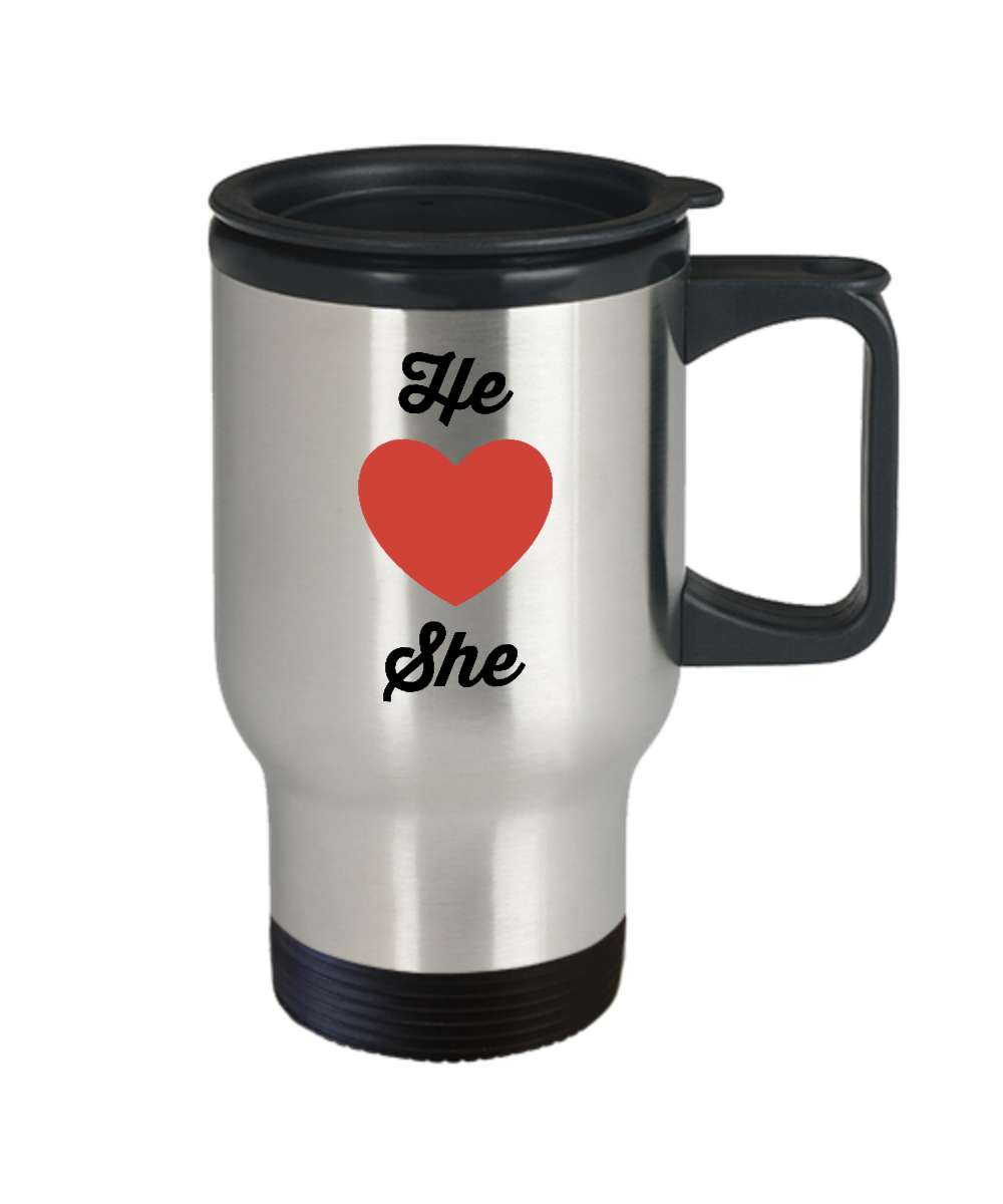 Travel Coffee Mug-He Loves She-Tea Cup Gift Couples Valentines Stainless Steel Mugs With Sayings