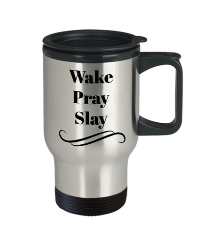 Wake pray slay-inspirational travel mug tea cup gift novelty-insulated-motivational-women-men-family