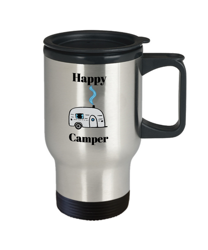Happy camper-funny-travel mug-insulated-coffee tea cup-novelty gift-campers-hikers-family-summer