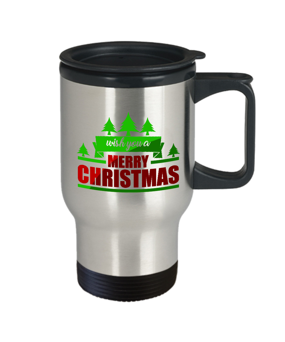 Novelty Travel Coffee Mug-Wish You A Merry Christmas-Coffee Cup- Holiday Gift-Stainless Steel