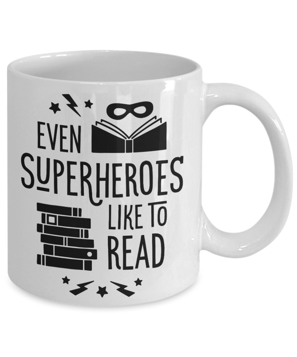 Funny Coffee Mug/even superheroes read/Novelty tea cup gift teachers readers bookworms