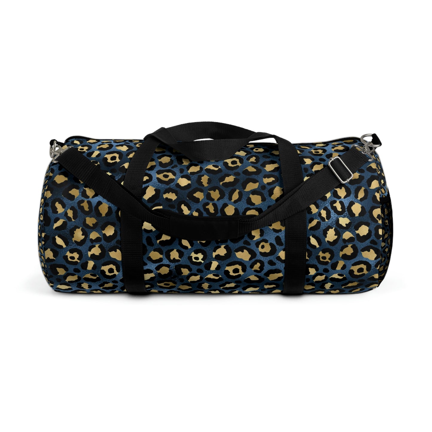 leopard print duffle bag, blue-gold