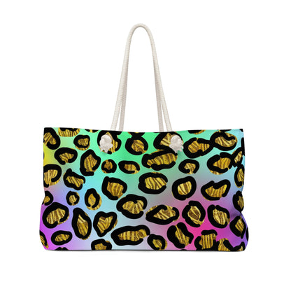 Weekender Bag Women, Leopard Rainbow Print, Animal Print, Overnight Carryon Travel Bag
