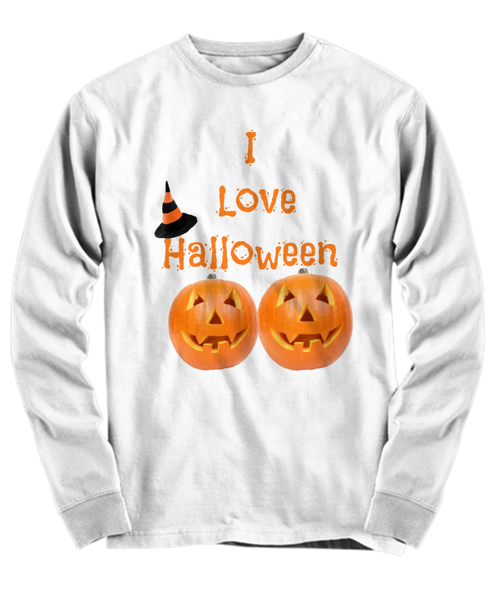 I Love Halloween Long Sleeve T-Shirt White Halloween Gifts Funny Shirt Unisex shirt with sayings