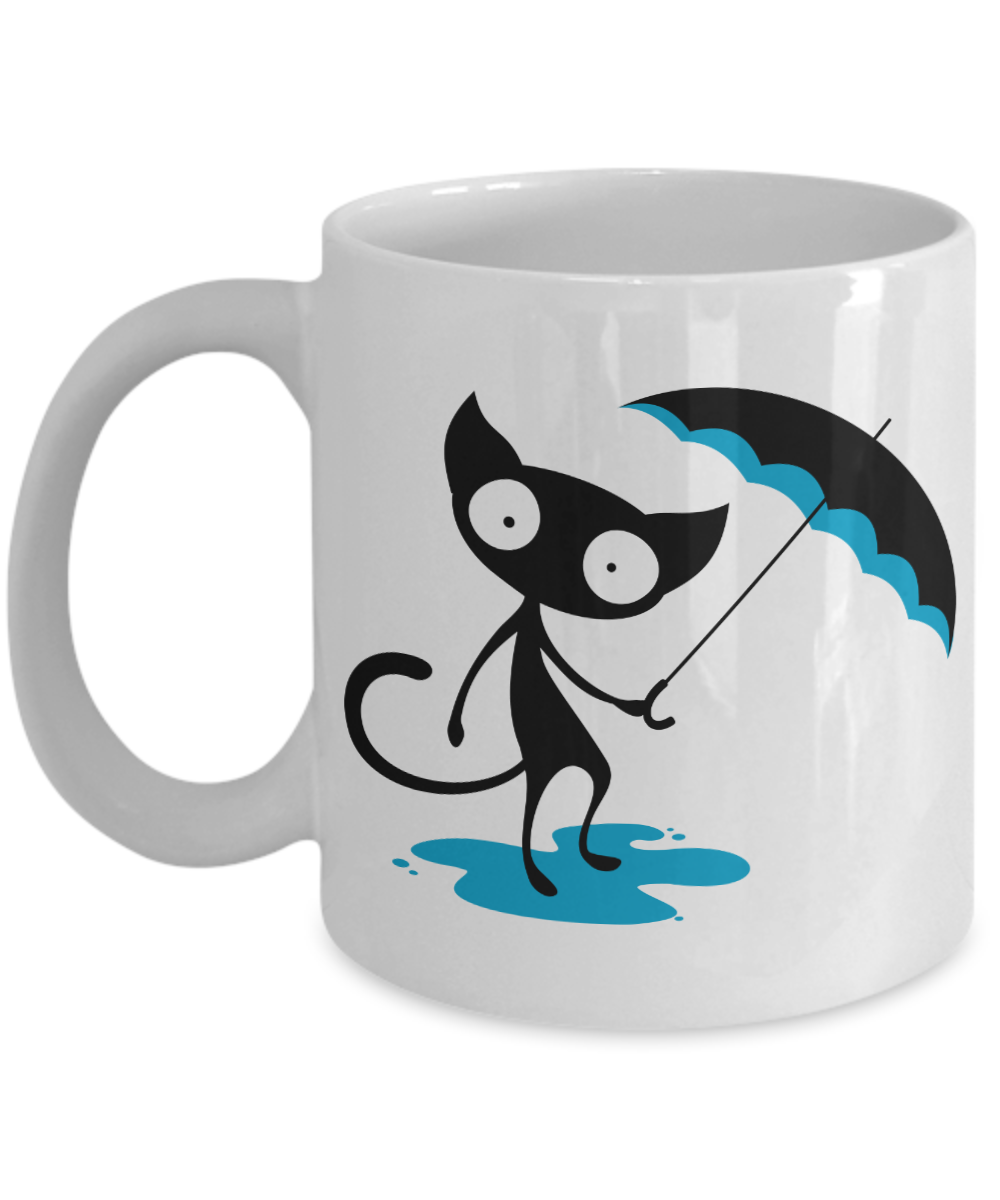 Black cat with umbrella coffee mug