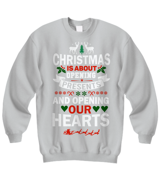 Christmas Is about Opening Hearts Sweatshirt Gray