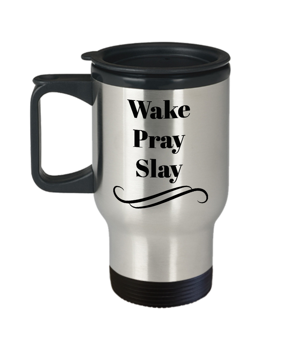 Wake pray slay-inspirational travel mug tea cup gift novelty-insulated-motivational-women-men-family