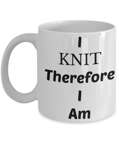Knitting theme mug- I Knit Therefore I am- Novelty- Tea Cup Gift- Knitters-Craft -hobby