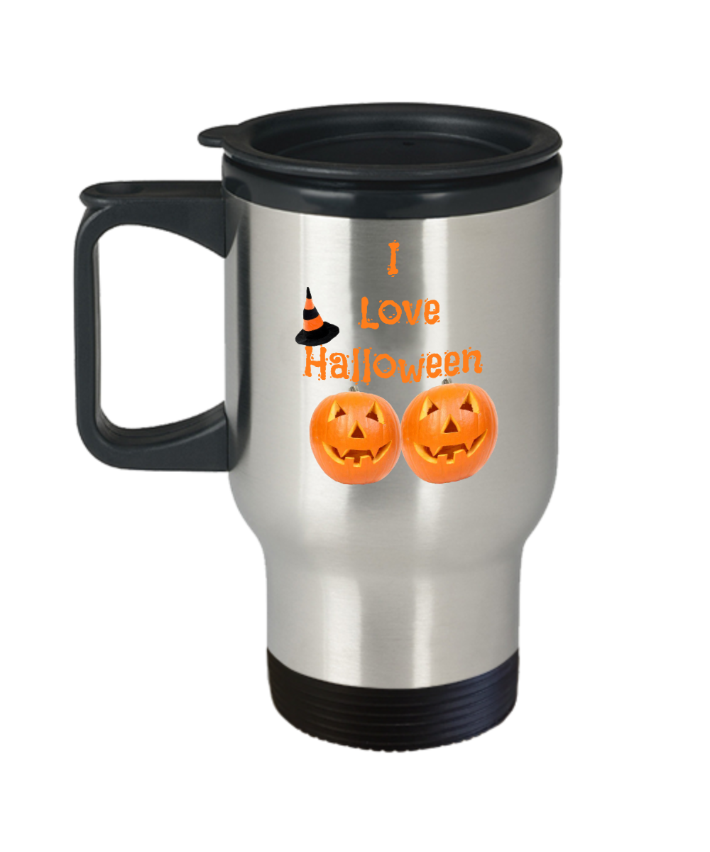 I Love Halloween-Travel Coffee Mug-Stainless Steel-Halloween Home Decor-Pumpkin-Fall decor-Funny