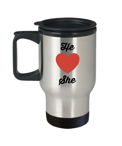 Travel Coffee Mug-He Loves She-Tea Cup Gift Couples Valentines Stainless Steel Mugs With Sayings