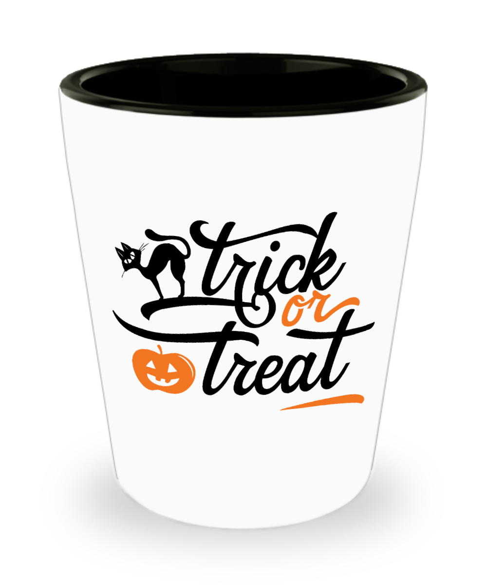 Trick or Treat Halloween shot glass funny Gothic birthday hostess gift party favors ceramic