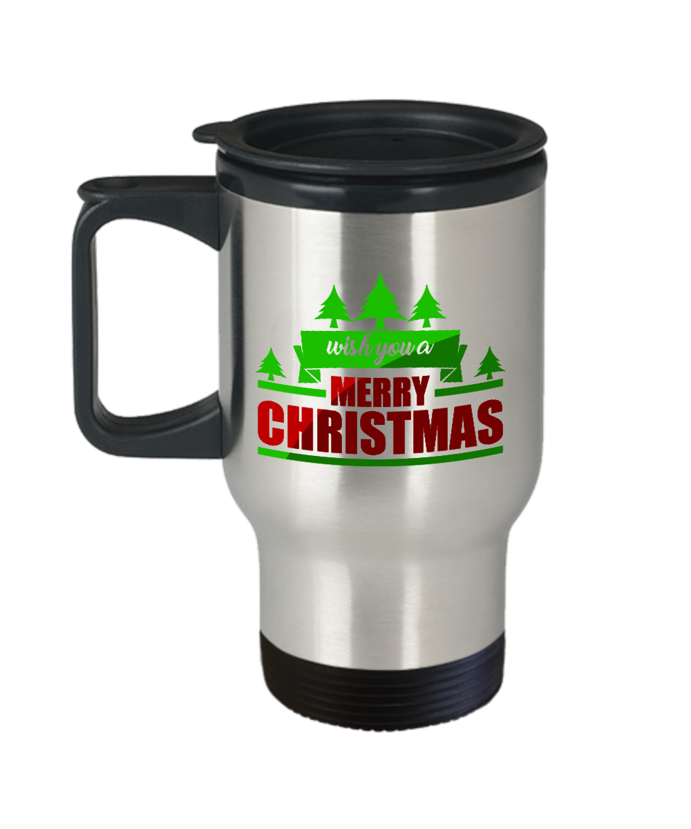 Novelty Travel Coffee Mug-Wish You A Merry Christmas-Coffee Cup- Holiday Gift-Stainless Steel