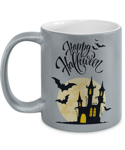 Happy Halloween Haunted House/ Silver Metallic /Novelty Coffee Mug/ Holiday Celebration Gift  Mug