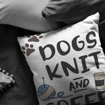Dogs Knit and Coffee Throw Pillow Dog Lovers Owners Gift Knitters Pillow Custom Throw Pillow