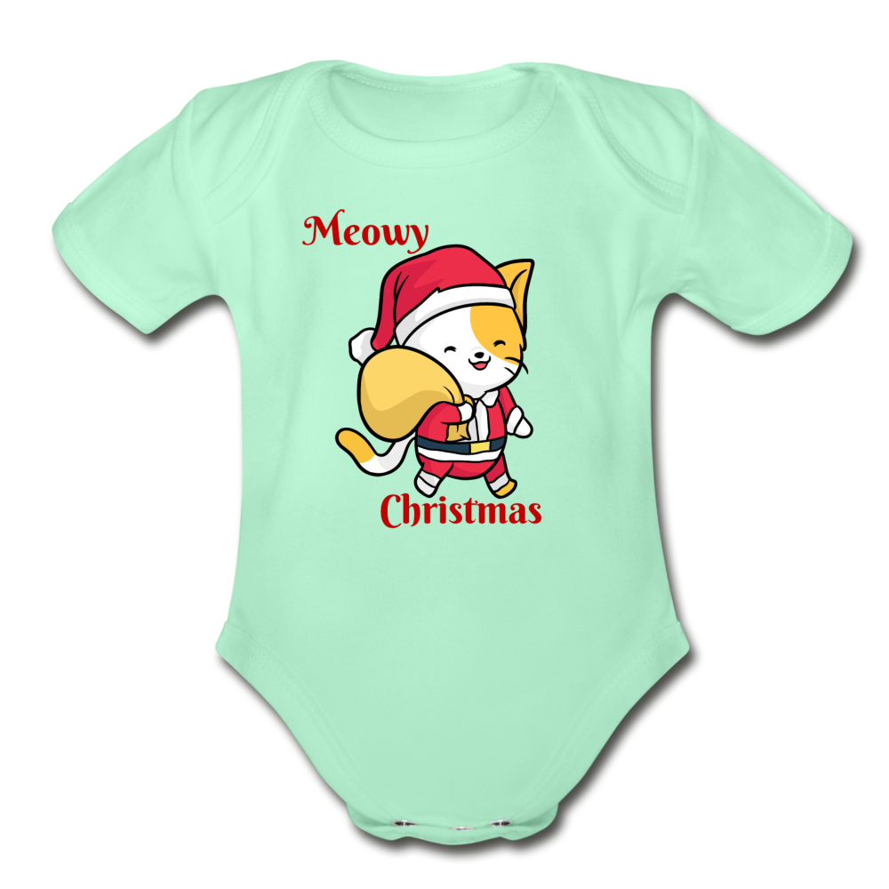 Meowy Christmas Organic Short Sleeve Baby Bodysuit Christmas Gift - light mint