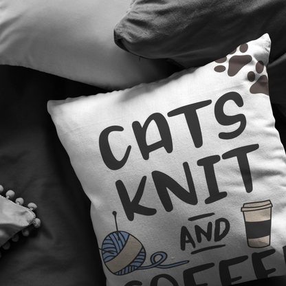 Cat Knit and Coffee Throw Pillow  Custom Throw Pillow  Cat Lovers Owners Gift  Crazy Cat Lady Knitters